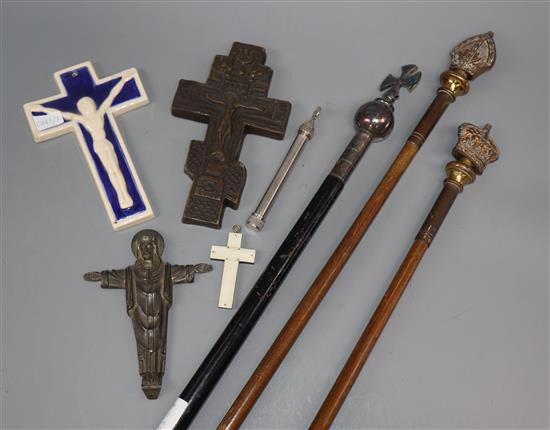 Three Church processional staffs, four crucifixes and a water sprinkler